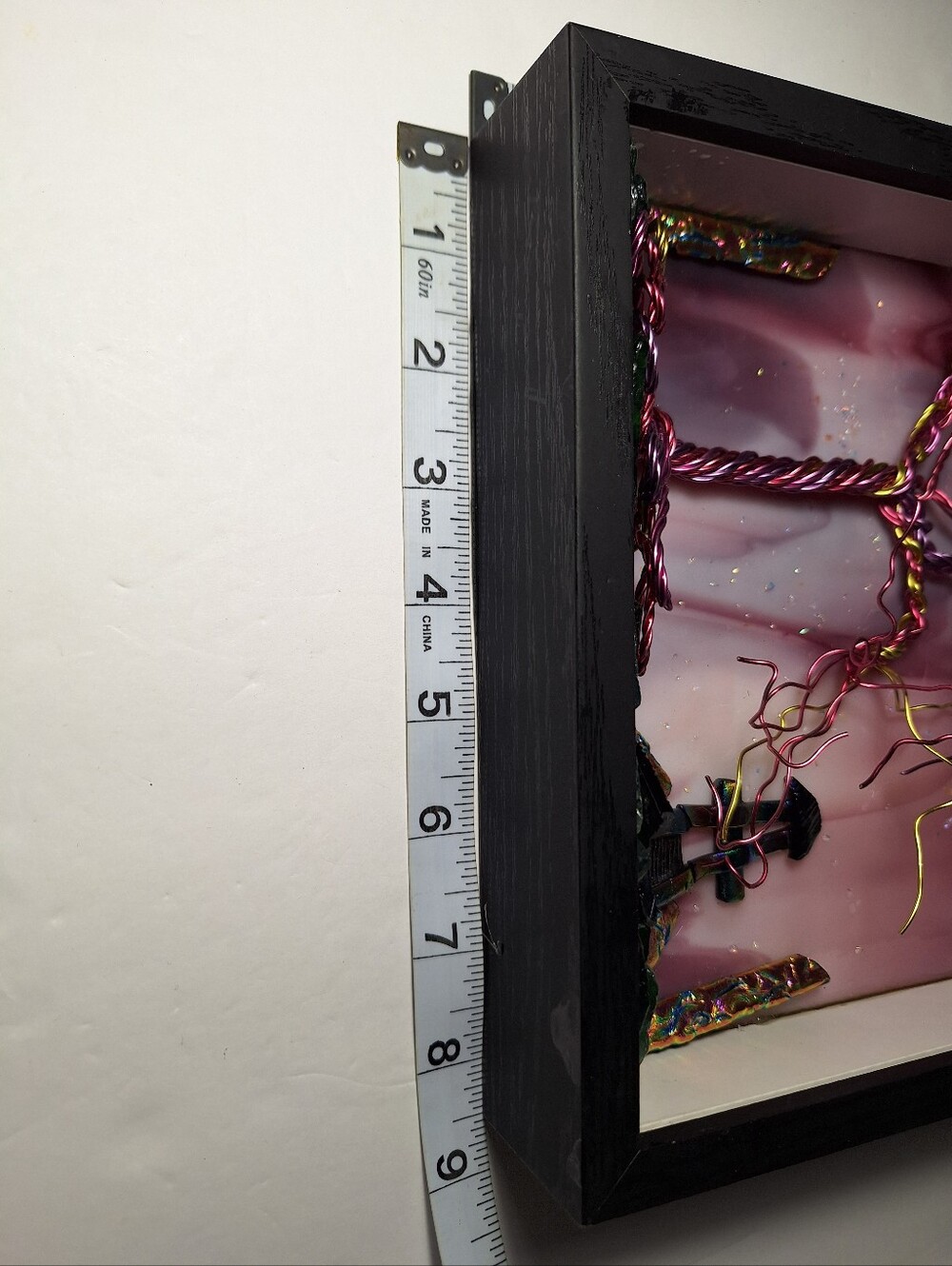 Hand crafted wire tree on fused glass, pink purple & gold in shadow box. - Picture 9 of 10